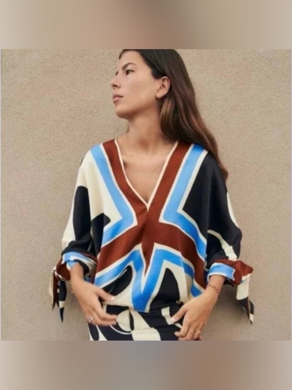 Zara S Geometric Print Shirt Blouse Top Vneck Tie Sleeve Colorful NWT